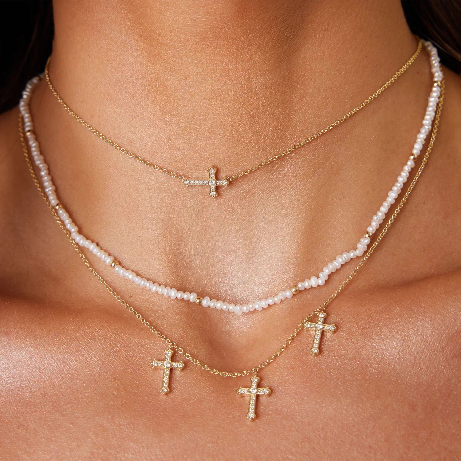 Gold Bead Station Pearl Necklace - Image 2