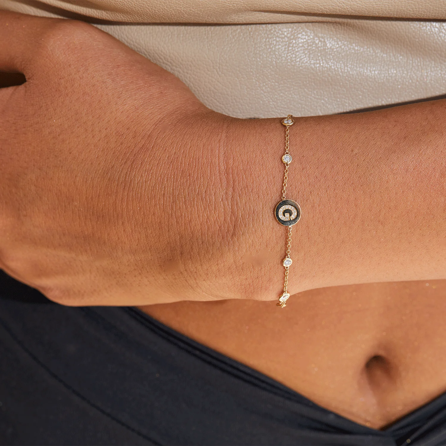 Diamond Bezel Strand Initial Letter Coin Bracelet - Image 4
