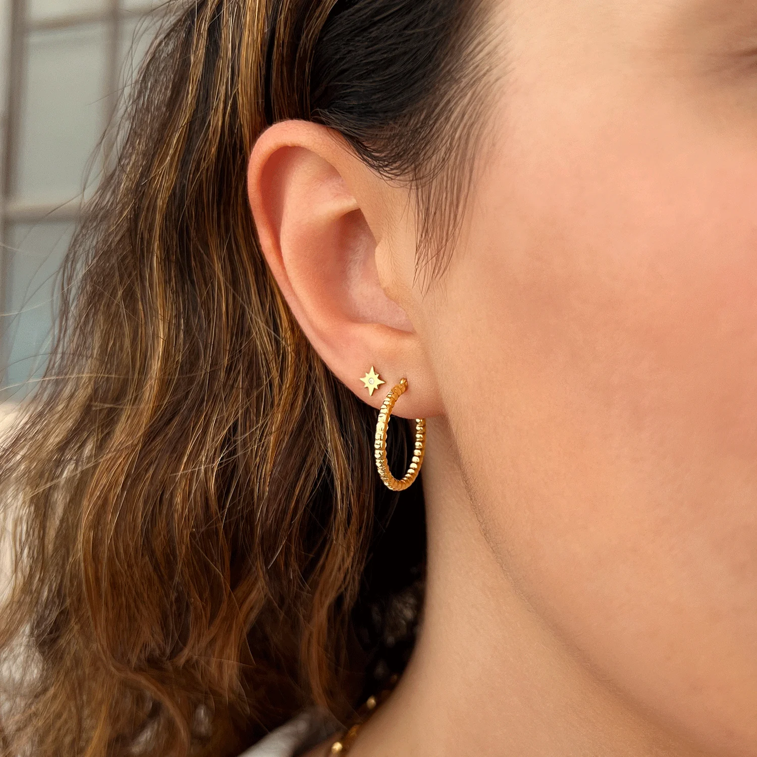 Diamond Cut Bead Hoop Earrings - Image 3