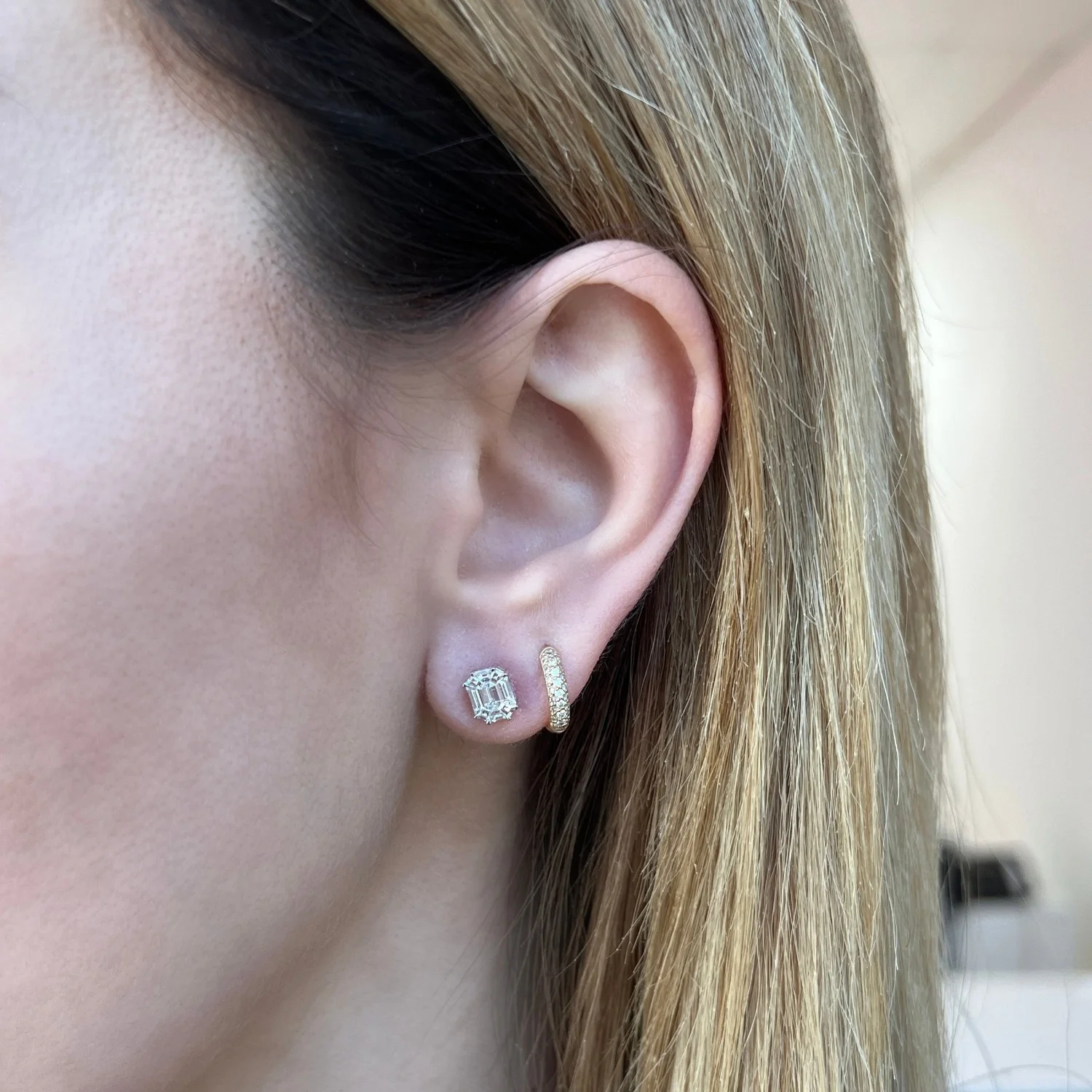 Emerald Shape Illusion Set Diamond Stud Earrings - Image 4
