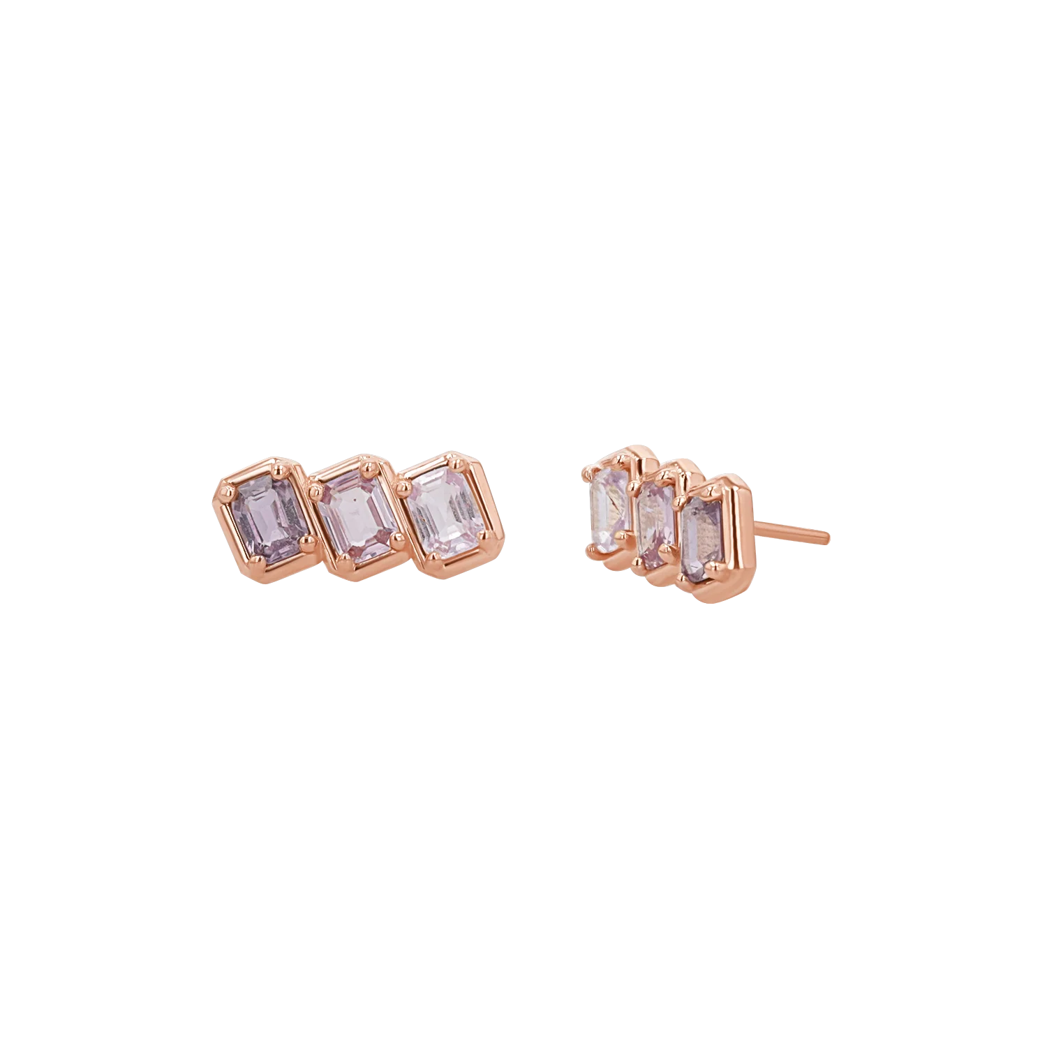 Emerald Cut Pink Ombré Trio Sapphire Earrings - Image 3